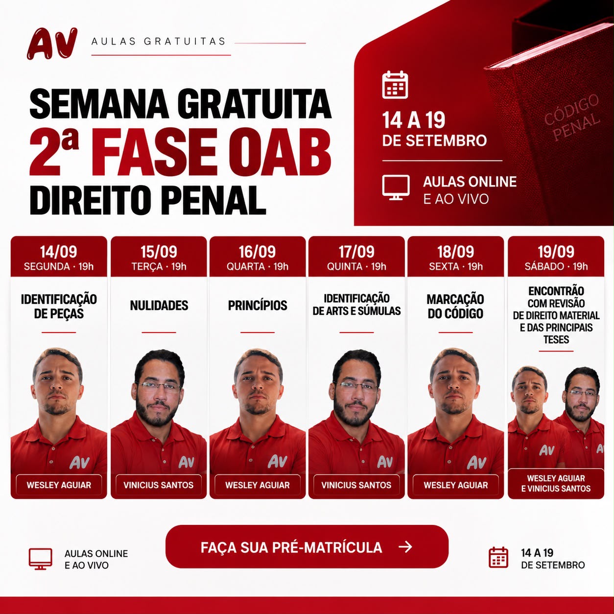 Calendário da Semana Gratuita de Direito Penal, de 14 a 19 de setembro, às 19h