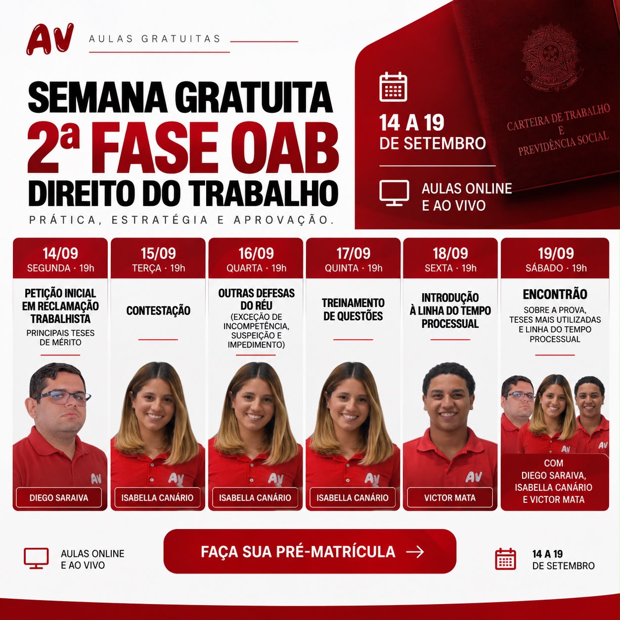 Calendário da Semana Gratuita de Direito do Trabalho, de 14 a 19 de setembro, às 19h