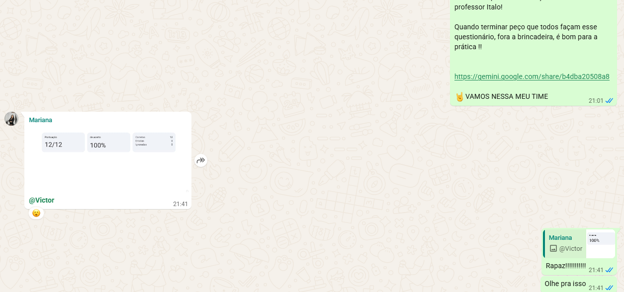 Quiz de perguntas no grupo da mentoria