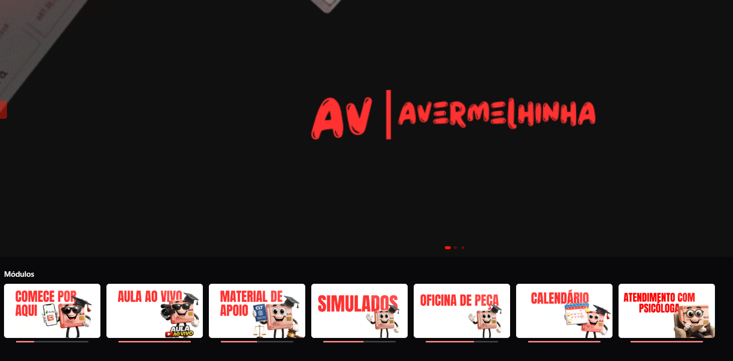 Portal do aluno da AVermelhinha com módulos de aulas, simulados e material de apoio